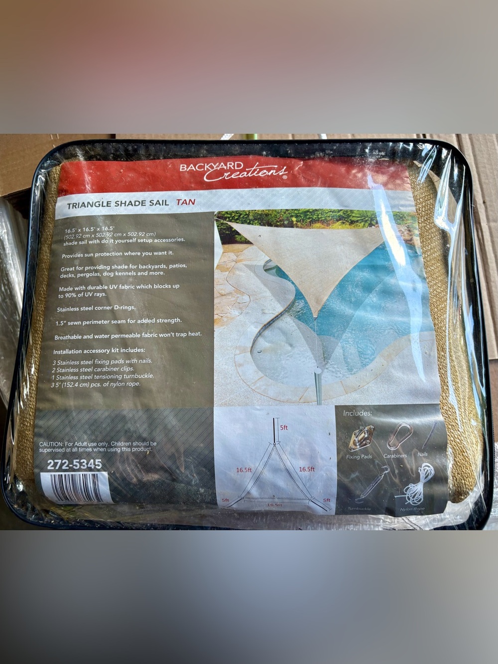 Tan Triangle Shade Sail - UV Protective Canopy NEVER USED